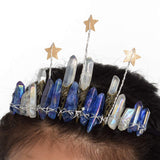 Raw Crystal Quartz Crown Crossed Clear Crystal Headband Tiara Handmade (Blue Raw Crystal with Star)