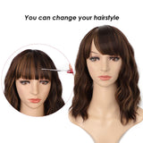 Earfodo Wavy Wig with Bangs Brown Highlight Bob Wigs Short Curly Wavy Wig Should Length Synthetic Heat Resistant Fiber 14 Inch Natural Looking Dating Party Wig