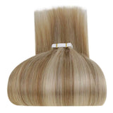 LaaVoo Tape in Hair Extensions Human Hair Highlight Blonde Seamless Soft Tape in Real Hair Extensions Golden Brown Highlight Light Blonde Tape on Blonde Hair Extensions Double Sided 20Pcs 50g 14”