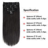 24" Jet Black Hair Extensions Clip in Human Hair Double Weft 100% Real Human Hair Remy Brazilian Straight Clip on Human Hair Extensions Soft Silky Grade 8A 8Pieces/Lot 120g 20Clip for Women
