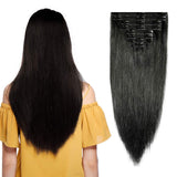 Double Weft 100% Clip in Remy Human Hair Extensions #1 Jet Black 10''-24'' Full Head Thick Thickened Long Soft Silky Straight 8pcs 18clips for Women Fashion 16" / 16 inch 130g