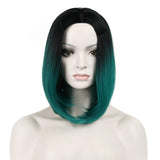 Winrase Middle Part Ombre Color Gradient Design Synthetic Short Straight Cosplay Daily Wigs with No Bangs Women Girls 12" Bob Wigs Included Wig Cap (Black-Dark Green)