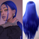 Blue Lace Front Wigs Long Straight Hair Wig Glueless Heat Resistant Fiber Hair Purple Drak Blue Synthetic Lace Front Wigs for Fashion Women (BLUE)
