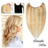 16-22inch Hidden Wire Hair Extensions Highlighted Human Hair Crown in Hairpiece Secret Translucent Fish Line No Clip Miracle Headband - 22" Light Ash Blonde&Bleach Blonde 18&613#