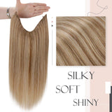 Runature Halo Hair Extensions Human Hair (14 Inches, Color 10P16) Golden Brown with Golden Blonde Human Hair 70g Hidden Fish Wire Hairpiece