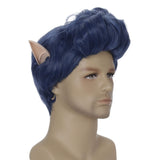 Qaccf Short Curly Blue Mens Short Wavy Halloween Costume Wig with a Pair of Elf Ears (Adult)