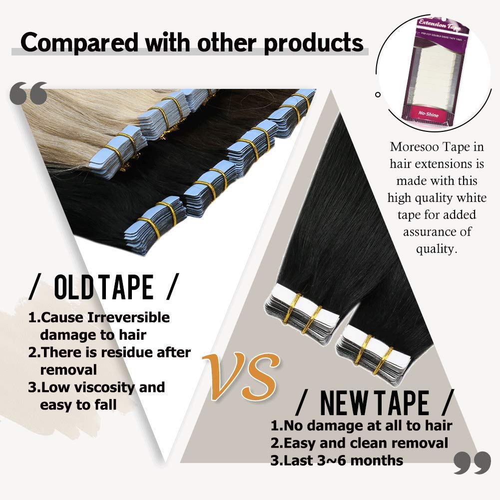 Tape in Hair Extensions 18Inch Moresoo Tape Hair Extensions Black Real Natural Remy Human Hair Silky Straight Seamless Black Skin Weft for Women 50g/20pieces Invisible Tape in Extensions
