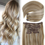 Human Hair Clip in Extensions Blonde 18 inch Vivien Highlight Light Brown to Platinum Blonde Full Head Remy Human Hair Clip in Human Hair Extensions Double Weft Thick Ends 7pcs 120g