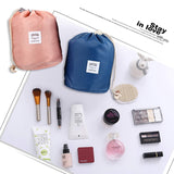 Vtrem 2 Pieces Drawstring Cosmetic Bag Lazy Travel Makeup Bag Waterproof Foldable Bucket Toiletry Bags Set Multifunctional Portable Barrel Shaped Bathroom Storage Carry Case for Women (Pink + Blue)