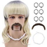 Blonde Tiger King Joe Exotic Wig for Men Costume Set (6 Earrings - Mustache - Choker - Wig) (Wig + White Choker)