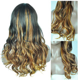 MYCHANSON Mixed long wavy Wigs with bangs 3 Tones Brown 22 Inch Long Curly wavy Full Natural Women Heat Resistant Synthetic Hair Highlights Wig Side Part Custom Party Wig