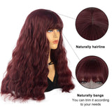 Long Wavy Wig with Bangs 24 Inch Synthetic Wine Red Long Wave Wigs for Women Heat Resistance Burgundy Wig for Everyday Wear Cosplay Use