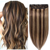 S-noilite Clip in Human Hair Extensions Balayage Clip in Hair Extensons 100% Real Human Hair One Piece/5 Clips 3/4 Full Head-Thicker Standard Weft 10 Inch/65g (#4/27 Medium Brown/Dark Blonde)