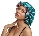 Women Large Satin Bonnet Adjustable Silky Sleep Cap Hair Bonnet Double Layered Reversible for Curly,Natural Hair (XL-ADULT, XL Pink-Green)