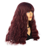 Long Wavy Wig with Bangs 24 Inch Synthetic Wine Red Long Wave Wigs for Women Heat Resistance Burgundy Wig for Everyday Wear Cosplay Use