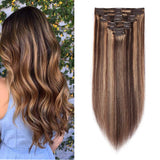 Clip in 100% Remy Human Hair Extensions Double Weft Highlight Highlighted Grade 7A Quality Full Head Thick Short Straight 8pcs 18clips 10" / 10 inch 110g #4P27 Medium Brown mix Dark Blonde Balayage