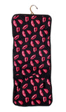 Hanging Toiletry Cosmetic Organizer Bag - Roll up for Storage Travel - Custom Embroidery Available (Lips Print - Embroidered Name)