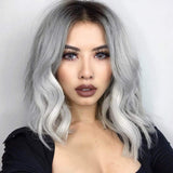 Curly Wavy Wig Short Wigs for Women's Charming Synthetic Cosplay Party Gray Bob Wig Fluffy Natural Wavy Hair Wigs for Girls (Ombre grey)