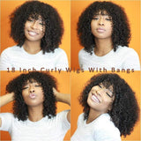 Kinky Curly Wigs with Bangs Grade 10A Virgin Human Hair Wigs for Black Women Kinky Human Hair Wigs with Bangs 150% Density Glueless None Lace Front Wigs Natural Black Color(18 inch)