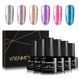Vrenmol 6pcs Diamond Sequin Gel Nail Polish Sparkling Platinum Glitter 3D Diamond UV LED Nail Lacquer Glitter Nail Art Manicure Kit 8ml