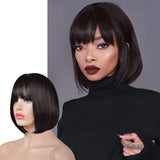 Sofeiyan Short Straight Dark Brown Bob Wigs with Bangs 11 inch Synthetic Daily Party Cosplay Hair Wig for Black Women, Darkest Brown and Dark Auburn Mixed