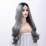 LOT ARTS 24 inches Silver Grey Ombre Wigs Dark Roots Long Curly Wavy Heat Resistant Synthetic Lace Front Wigs for Women
