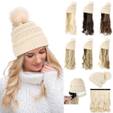 Qlenkay Beanie Hat Knit with Long Wavy Curly Hair Extensions Wig Dismountable Warm Knitted Pom Cap Attached 20inch Synthetic Hairpiece for Women Winter Ginger Blonde Mix Bleach Blonde