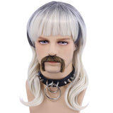 Men's Costume Wig + 6 Earrings + Mustache + 2 Circles Black Choker