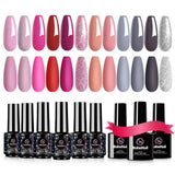 BabeNail Gel Nail Polish Set - 12 Colors + 3 Base Top Coat Soak Off Nude Grays Purple Glitter Color 21+ Days Long Lasting LED UV Gel Polish Kit - Manicure Kit Glossy & Matte Top Coat and Base Coat