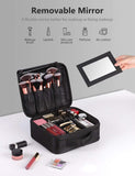 Syntus Travel Makeup Bag with Mirror, Portable Train Cosmetic Case Organizer with Adjustable Dividers Large Capacity for Cosmetic Makeup Brushes Toiletry Jewelry Digital Accessories, Black