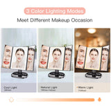 BESTOPE Upgrade Makeup Mirror with Lights，3X 5X Magnification，72 LED Vanity Trifold Mirror，3 Color Lighting Modes Lighted Makeup Mirror with Touch Screen,Portable High Definition Light Up Mirror Black