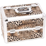 9.75 inch Brown Leopard Animal Print Interchangeable E Series 3 Extendable Customize Trays Aluminum Professional Makeup Artist Travel Train Case Cosmetics Storage Tote Organizer w/Shoulder Strap