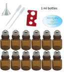 1ml (1/4 dram) Amber Glass Roller Bottles with Stainless Steel Balls (Pack of 12), Funnel, Pipettes, and Essential Oil Bottle Opener