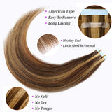 20 Inch Tape in Hair Extensions Remy Human Hair Extensions Se mi-Permanent Pre-taped Invisible Weft Color #4/27 Straight 20 pcs/50g (20", P4/27)