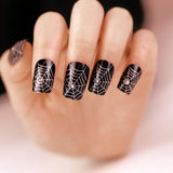 ArtPlus 24pcs x 4 (4-Pack) Halloween Gothic Black Silver Spider Web with Crystals False Nails with Glue Full Cover Long Length 4 Boxes in 1 Premium Pack Buy 3 Get 1 Free Fake Nails Art
