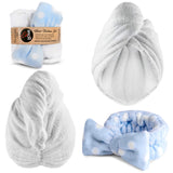 Premium Towel + BONUS Headband, White Microfiber Hair Wrap, Ultra Absorbent and Anti Frizz for Quick Hair Drying for Women & kids with Curly or Long Hair