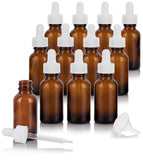 1 oz Amber Glass Boston Round White Dropper Bottle (12 Pack) + Funnel