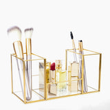 Feyarl Gold Clear Glass Makeup Box Cosmetic Storage Organizer Makeup Brushes Cotton Pads Nail Polish Vanity Holder Organizer Dresser Countertop