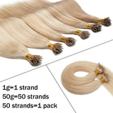 SEGO Nano Bead Ring Human Hair Extension Pre Bonded Nano Tip Remy Hair Extensions Micro Beads Rings Loop Hand Tied Hairpiece 18 Inch #60 Platinum Blonde 1g/strand 50g/pack