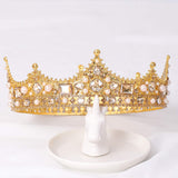 FORSEVEN King Crown for Men Crown Royal Costume Accessory Prom Tiara Baroque Vintage Crystal Pearl Bridal Wedding Tiaras Birthday Party Round Crowns (Gold)