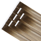 Full Shine Tape in Hair Extensions Remy Human Hair 12 Inch Glue in Hair Extensions 3 Dark Brown Fading to Ash Brown and Blonde Seamless Tape in Hair Double Sided