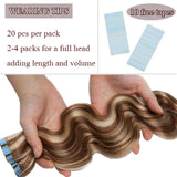 20 PCS Rooted Tape In Hair Extensions Human Hair Invisible Seamless Skin Weft Body Wave Highlight Double Side Tape Hair Extensions Natural Wavy (22'',50g/20pcs,#12P613 Golden Brown&Bleach Blonde)