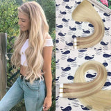HIKYUU 18inch 40g/20pcs Invisible Seamless Skin Weft Tape in Balayage Hair Extensions Human Hair Nordic Honey Blonde Ombre to Blonde Highlights with Blonde