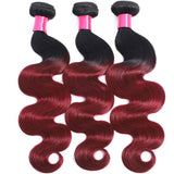 Misoun Hair Ombre Brazilian Virgin Body Wave Hair One Bundles 18inch Weaves Two Tone Black to Burgundy Color Human Hair Weaving(1B/99J,18")