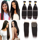 Brazilian Straight Virgin Hair 3 Bundles With Closure Free Part 100% Unprocessed Human Hair Bundles Straight Weave Hair Natural Black(16 18 20+14 Closure Free Part)