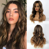 OUFEI Ombre Black Brown Wigs 22" Long Wavy Hair Heat Resistant Wig for Women