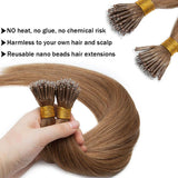 SEGO Nano Bead Ring Human Hair Extension Pre Bonded Nano Tip Remy Hair Extensions Micro Beads Rings Loop Hand Tied Hairpiece 22 Inch #06 Light Brown 1g/strand 50g/pack