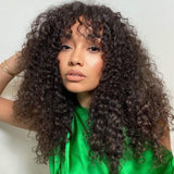 Kinky Curly Wigs with Bangs Grade 10A Virgin Human Hair Wigs for Black Women Kinky Human Hair Wigs with Bangs 150% Density Glueless None Lace Front Wigs Natural Black Color(18 inch)
