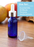 1 oz / 30 ml Cobalt Blue Glass Boston Round Bottle with Silver Metal and Glass Dropper (24 pack) + Funnel
