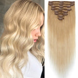 S-noilite Clip in Human Hair Extensions Dip-Dye Ombre Thick True Double Weft 100% Remy Human Hair Full Head 8 Pieces 18 Clips Straight Silky (18 Inch - 140g, Dark Blonde/Bleach Blonde(#T27/613))